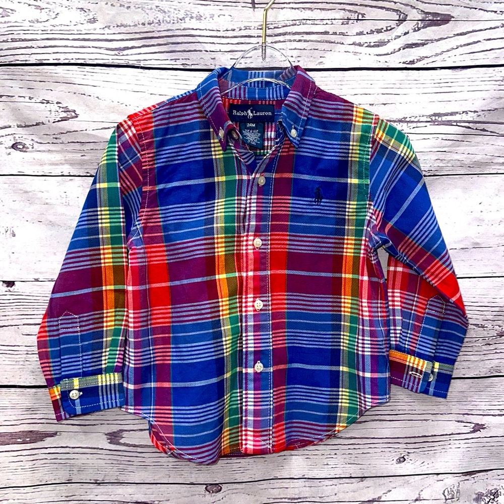 Ralph Lauren Green Plaid Holiday Christmas Button Dress Shirt Size 24 Months